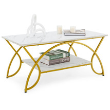 Coffee Table Modern Marble 2-Tier Coffee Table Gold Rectangle for Living Room - £113.11 GBP