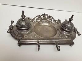 Vintage Ornate Metal Double Inkwell Ink and Pen Holder Embellished - £202.94 GBP