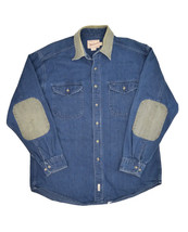 Woolrich Denim Shirt Mens L Dark Wash Jean Elbow Patches Long Sleeve Made in USA - £29.71 GBP