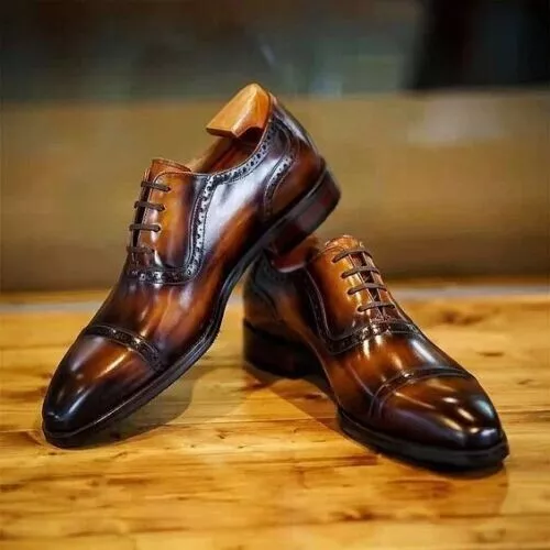 Handcrafted Men&#39;s Chocolate Brown Leather Brown Shaded Toe-Cap Lace Up S... - $159.99