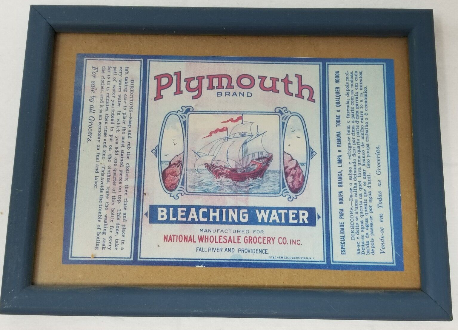 Primary image for Plymouth Brand Bleaching Water Label Framed National Wholesale Grocery Ship Sea