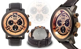 NEW NXS Hoffman 14057 Men Swiss Chronograph Black Leather Rose Gold Accent Watch - £67.22 GBP