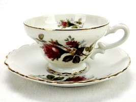 Vintage Porcelain Tea Cup &amp; Saucer, Red Rose Blooms, Scalloped, Gilding, TCP07 - £11.71 GBP