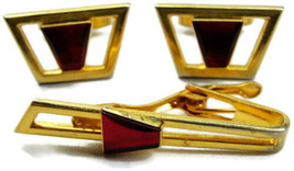 Dante Vintage Red Stone Cufflink Set Clasp Neck Tie Clip Gold Tone Shirt... - £39.55 GBP