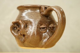 Vintage Folk Art Pottery Funny Face ELEPHANT Animal Dark Brown Coffee Mug - £35.21 GBP