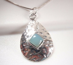 Chalcedony Square on Hammered Teardrop 925 Sterling Silver Pendant Baby Blue - £12.19 GBP