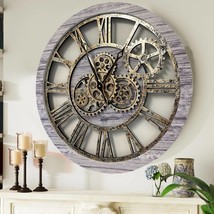 Wall clock 24 inches with real moving gears Silver Grey - £148.62 GBP