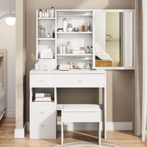 Compact Vanity Table with Stool - Large Mirror, Ample Storage - £134.30 GBP