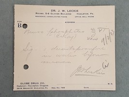1923 antique DRUGGIST PRESCRIPTION hazleton pa DR. LECKIE  - £22.71 GBP