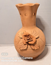 Vintage SGRAFFITO Handmade Vase 3D Floral Redware Terracotta Clay Earthenware - £39.87 GBP
