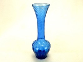 8&quot; Cobalt Bud Vase, Long Swirled Trumpet Neck, Inverted Tulip Bowl, Vintage - $24.45