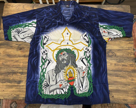 Vintage Y2K IBEU Button Shirt Jesus Sacred Heart Cross Streetwear Cholo AOP XL - £27.68 GBP