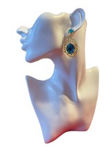 Teardrop Gold Toned Turquoise Rhinestone Earrings - £27.63 GBP