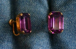 Elegant Prong-set Purple Rhinestone Gold-filled Screw-on Earrings 1950s ... - $19.95