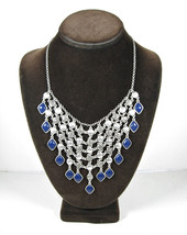 Dark Blue Diamond-Gem Dangle Bib Necklace Vintage Silvertone Color Insets - £15.10 GBP