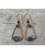 Handmade copper earrings: harringbone wire wrapped medium blue crystal eyes - £21.63 GBP