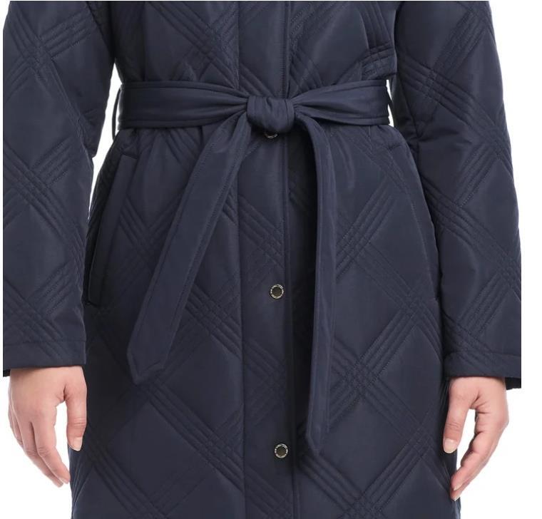 Jones New York Womens Jacket Navy Blue Quilt Hood Tie Belt Pockets Heavyweight Item image 9