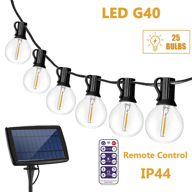 Solar LED String light E12 G40 Bulb Waterproof Dimmable fairy lights Outdoor Rem - £90.05 GBP