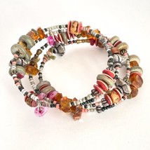 Boho Amber Gemstones Hill Tribe Silver Beads 4-Strand Memory Wire Bracelet 6.5” - £9.55 GBP