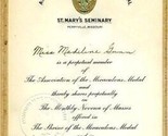 St Mary&#39;s Seminary Association of Miraculous Medal Certificate 1955 - £14.01 GBP