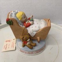 Holly Hobbie Baby&#39;s First Christmas Figurine Baby In Crib Limited Edition 1983 - £6.37 GBP