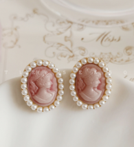 Studs French earrings Vintage Pink Baroque earrings Simple sweet silver needles - £15.94 GBP