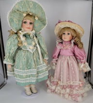 Vintage Porcelain Dolls with Stands Unbranded Pink and Green Victorian Outfits - £22.46 GBP