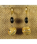 Earrings Pierced 1.75&quot; Tan Swirll 13mm &amp; Black Faceted Beads NEW Yellow ... - £6.08 GBP