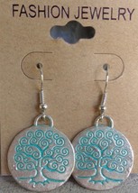 Silver Tone Green Metal Etched Tree Earrings Drop Dangle Circle Round Disc Hooks - £8.56 GBP