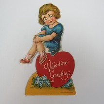 Vintage Valentine Card Mechanical Girl in Blue Dress Sits Red Heart Body... - $19.99