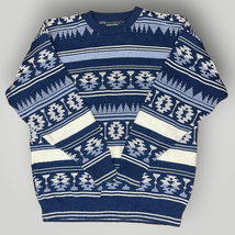 Vintage 1990s Crewneck 100% Cotton Sweater Geometric Blue White Men&#39;s La... - $62.89
