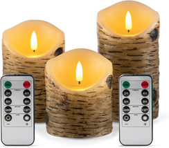 NEW 3 Pcs Flameless Birch Led Candles Moving Wax Battery Remote Timer  - £20.39 GBP