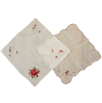 Vintage White Linen Embroidered Womens Handkerchief Florals Scalloped Set of 2 - £10.32 GBP
