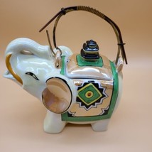 Elephant Teapot with Lid Ceramic Bamboo Handle Japan Trunk Up 6&quot; Tall Vintage - $18.99