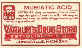 Vintage Pharmacy Label Muriatic Acid Poison Skull And Bones Varnum&#39;s Drug Store - £38.48 GBP