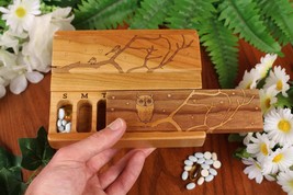 Day &amp; Night Weekly Pill Box with Bird &amp; Owl Laser Engraved in Cherry wood - £77.59 GBP