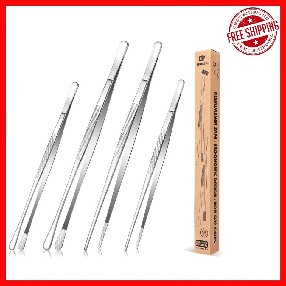 Essential 4-Piece Long Stainless Steel Tweezers - Perfect for Cooking &amp; ... - $36.62