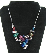 Colorful Modern Geometric Art Choker Necklace Silver Rhinestone Blue Tube Bib - £13.75 GBP