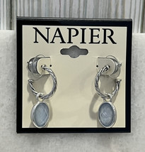 Napier Faceted Oval Bezel Set Faux Moonstone Silver Tone Hoop Earrings NWT - $19.75
