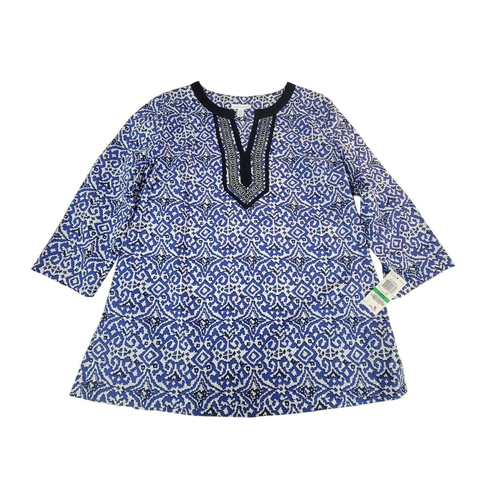 Charter Club Large Geometric Ikat Tunic Top Blue &amp; White 3/4 Sleeve - $15.00