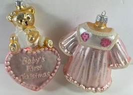 Vintage Lot Baby&#39;s First Christmas Pink Glass Heart Bear Christening Ornaments - £29.36 GBP