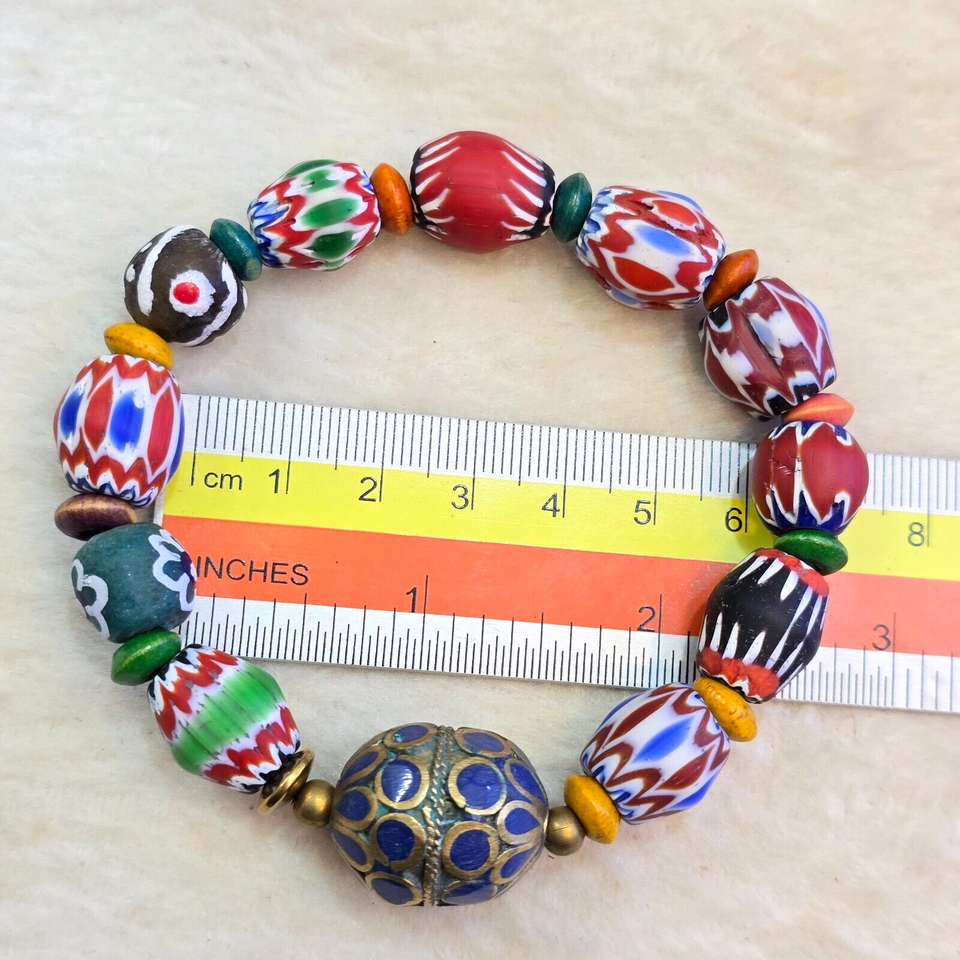 Vintage African Venetian Style Glass with Afghani Big Brass Beads Bracel... - $25.76