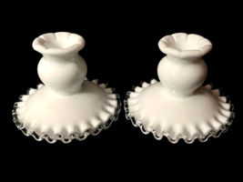 Pair Vintage Fenton Silver Crest White Milk Glass Candlestick Holders - £15.67 GBP