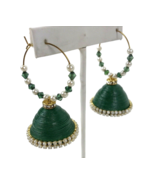 Vintage Hoop Earrings Green Gold Tone Danglers Boho Festival Jewelry - £11.62 GBP