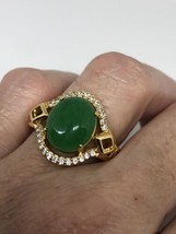Vintage Green Jade Ring Gold Finish White Sapphire Size 7.25 - £42.75 GBP