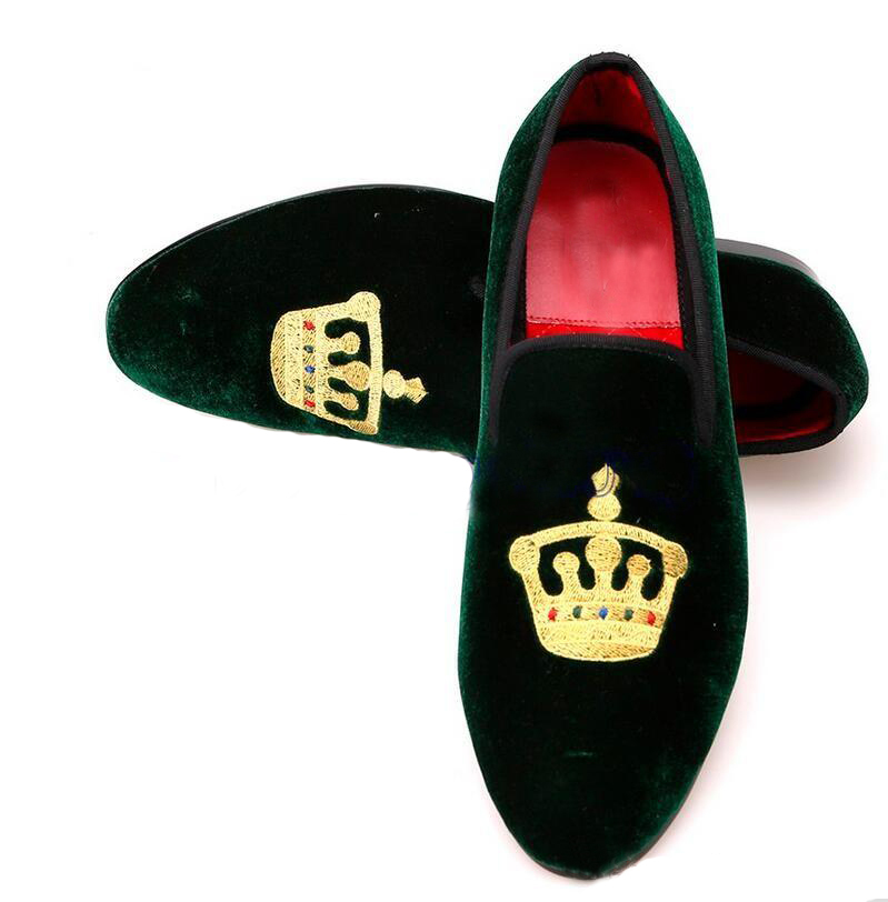 Men's Shoes Green Velvet Loafer Slipper Spectator Gold Embroidery Patches Party