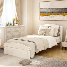 Platform Twin Bed Frame with Storage Drawer and Wood Slat - White - £182.03 GBP