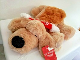 Chrisha Playful Plush Puppy Dog Stuffed Animal Tan Brown Red Scarf Snowflake - $22.75