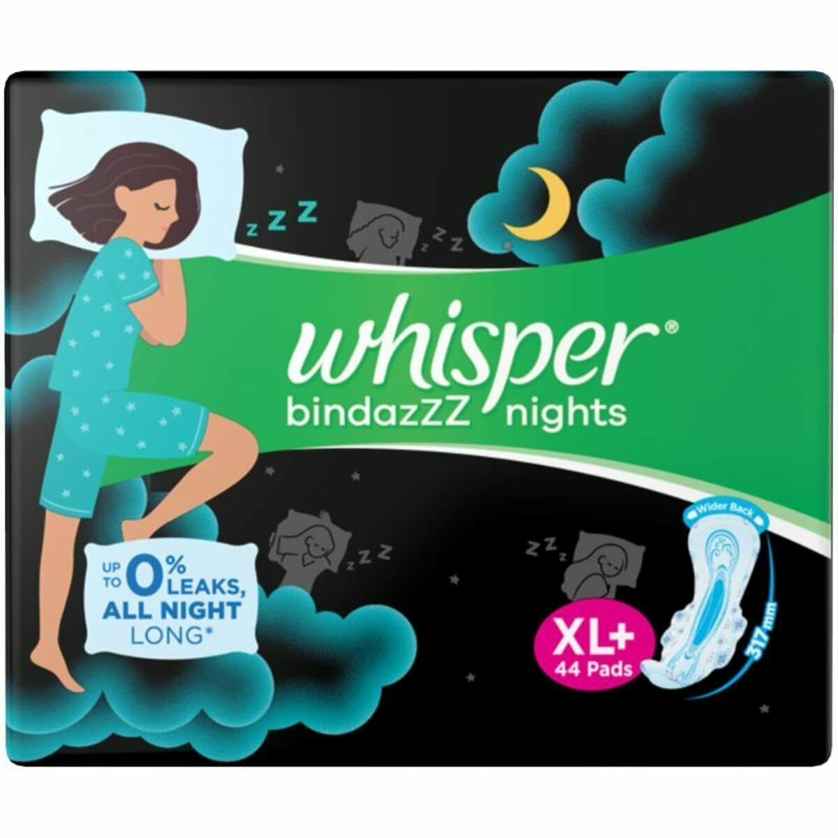 Whisper Bindazzz Nights Sanitary Pads for Women XL+ 44 Napkins FREE SHIP - $41.97