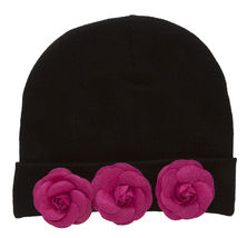 Womens Flower Cuff Beanie Black - Hot Pink - £9.48 GBP